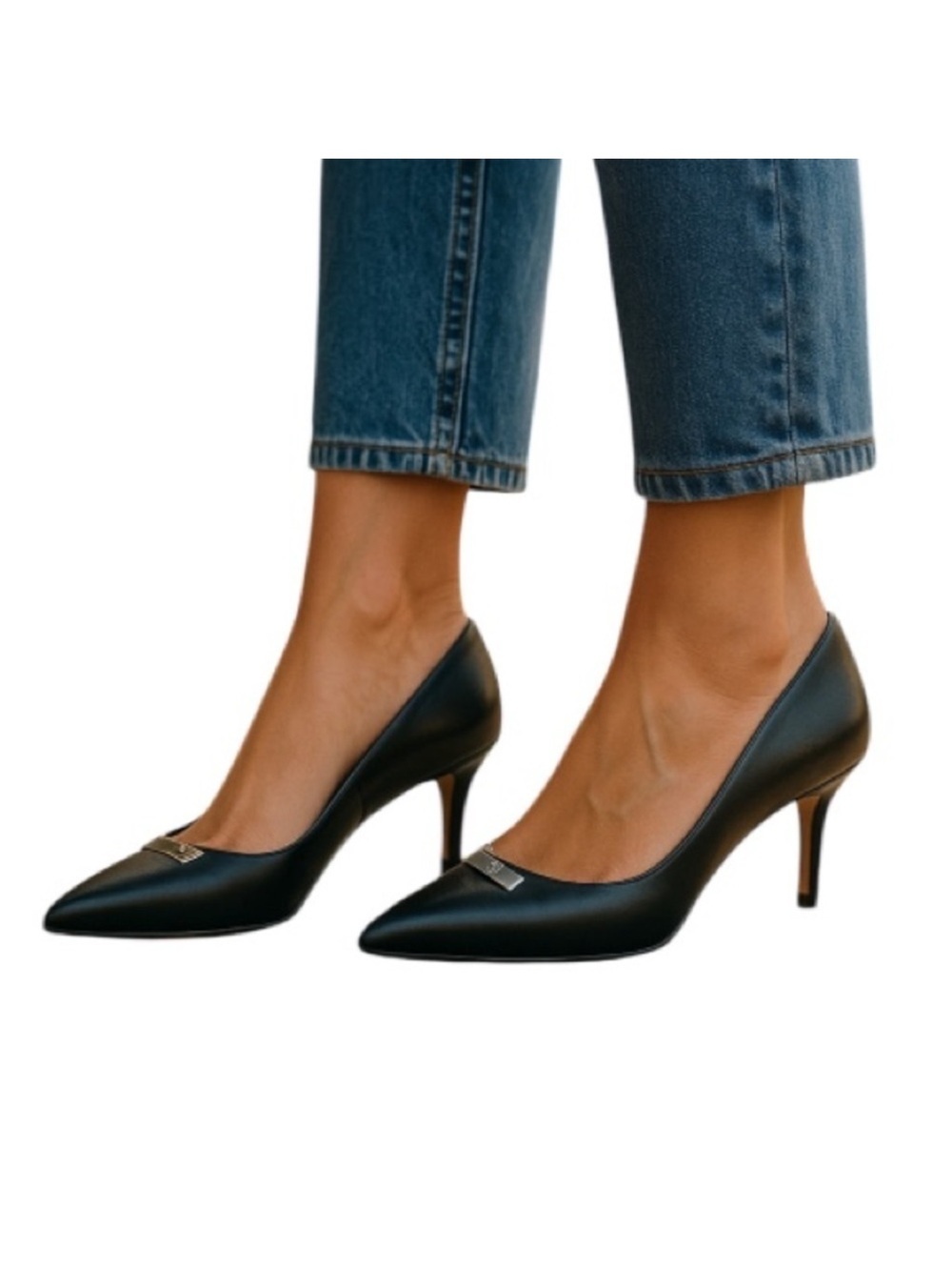 DKNY Pointed Toe Smooth Genuine Leather Heels Pumps Silver Logo Size 8.5